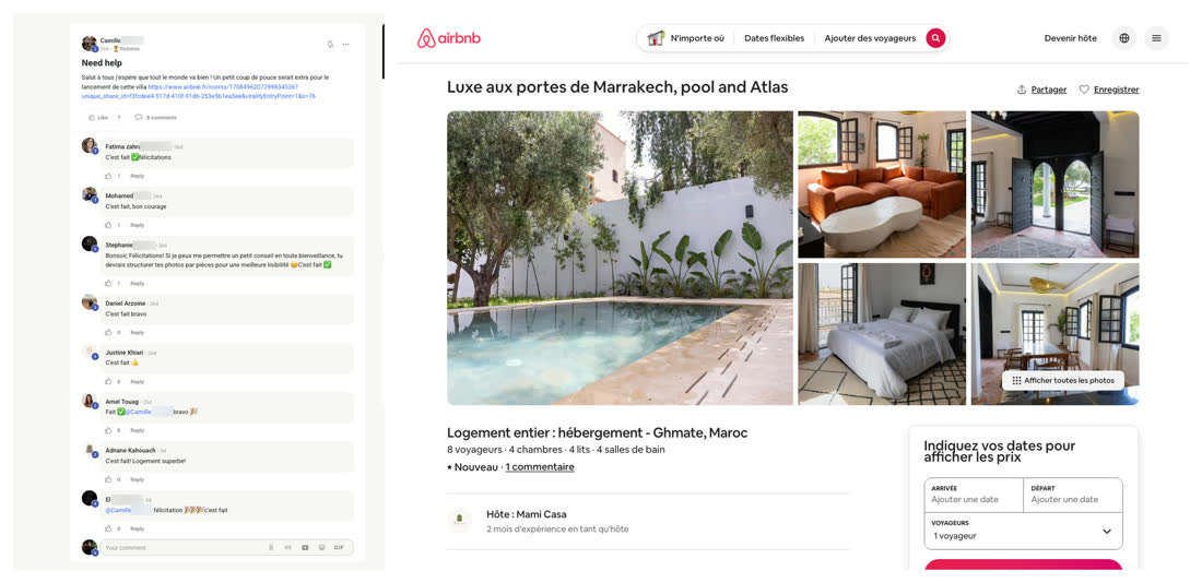 Message de Camille dans la communauté du réseau demandant un soutien pour son lancement, à côté de l'annonce Airbnb d'une villa avec piscine près de Marrakech