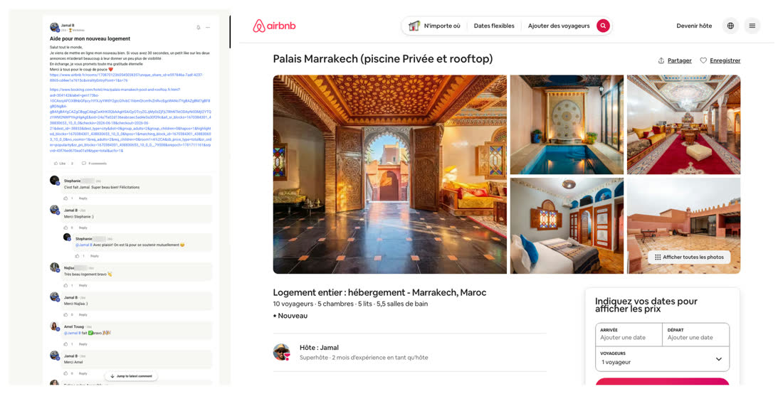 Message de Jamal dans la communauté du réseau, à côté de l'annonce Airbnb du logement qu'il vient de mettre en ligne