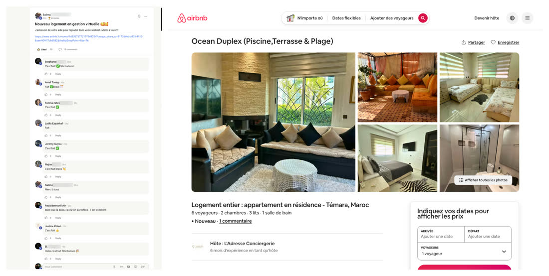 Message de Salima dans la communauté du réseau annonçant un nouveau logement en gestion, à côté de l'annonce Airbnb d'un duplex en résidence à Témara