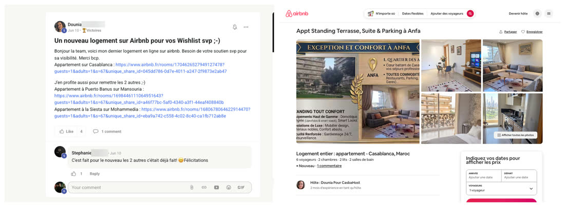 Message de Dounia dans la communauté du réseau présentant plusieurs logements, à côté de l'annonce Airbnb d'un appartement de standing à Anfa