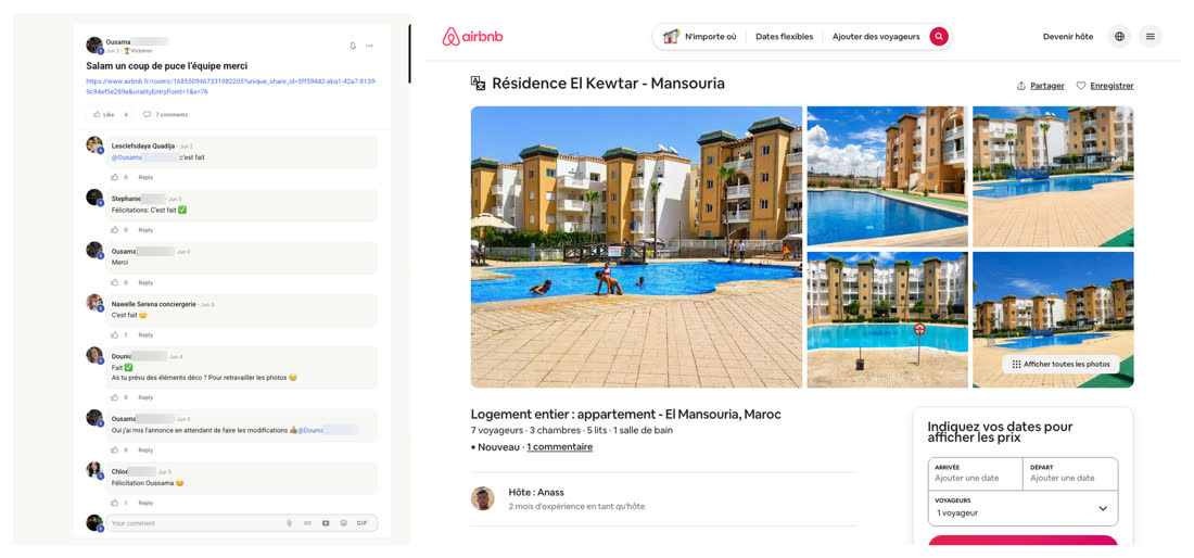Message d'un membre du réseau demandant un coup de pouce à la communauté, à côté de l'annonce Airbnb d'un appartement en résidence avec piscines à El Mansouria