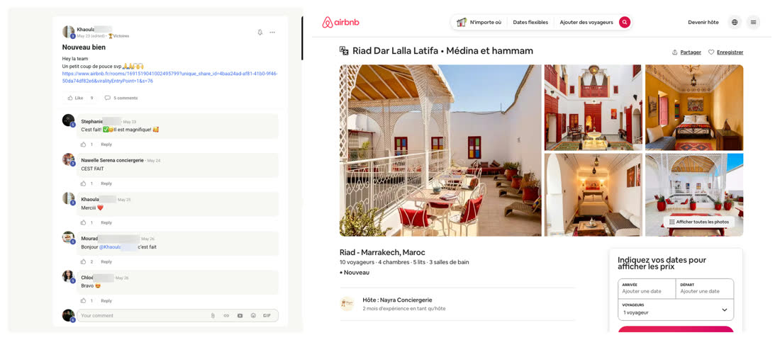 Message d'une membre du réseau annonçant un nouveau bien signé, à côté de l'annonce Airbnb d'un logement au Maroc