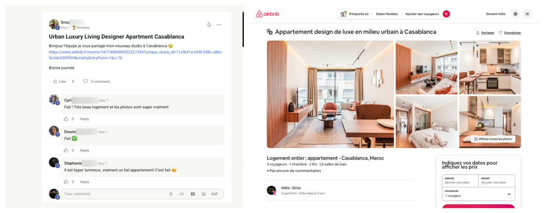 Message de Driss dans la communauté du réseau présentant son studio design à Casablanca, à côté de l'annonce Airbnb correspondante