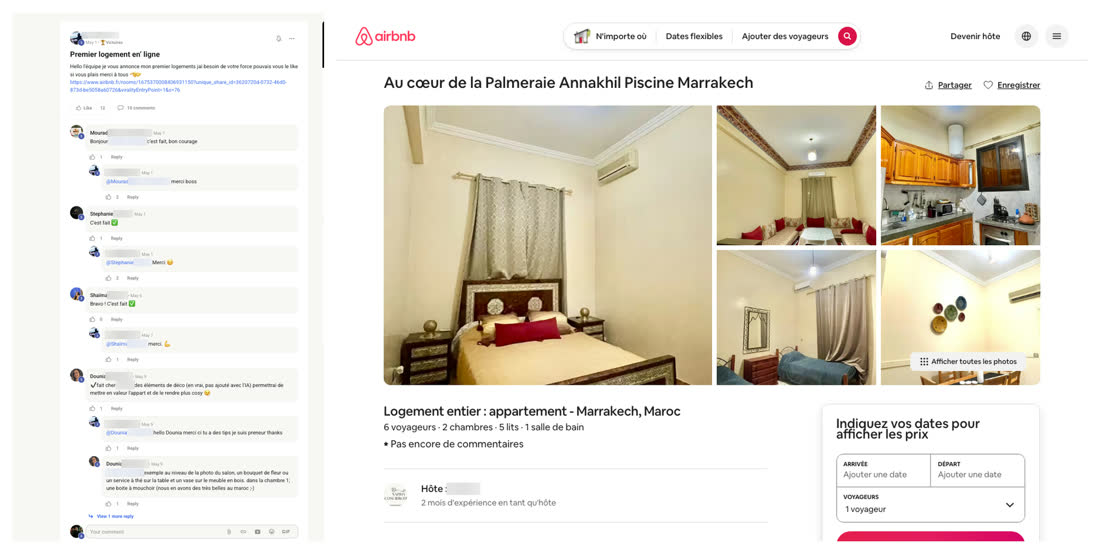 Premier logement en ligne annoncé dans la communauté du réseau, à côté de l'annonce Airbnb d'un appartement de deux chambres à la Palmeraie de Marrakech