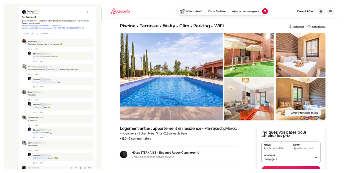 Message de Stéphanie dans la communauté du réseau, à côté de l'annonce Airbnb du logement concerné