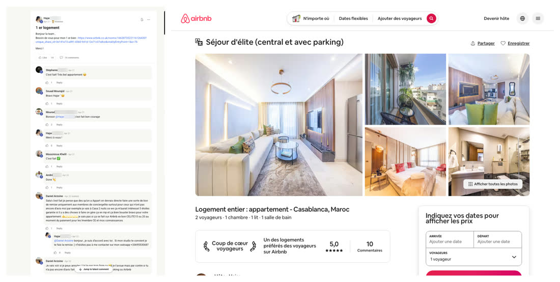 Message de Hajar dans la communauté du réseau pour son premier logement, à côté d'une annonce Airbnb à Casablanca notée 5,0 sur 10 commentaires avec le badge coup de coeur voyageurs