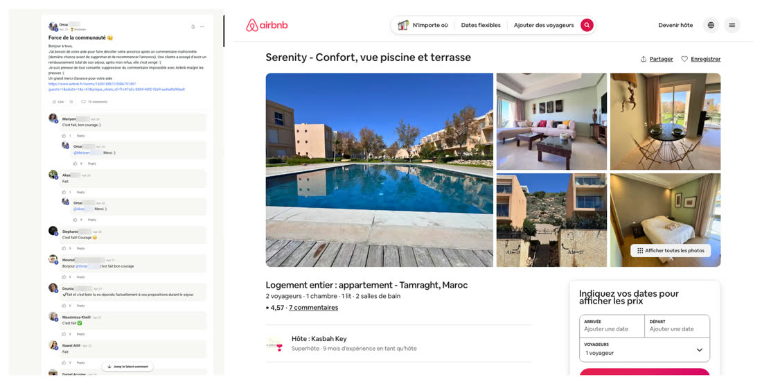 Message d'Omar demandant l'aide de la communauté du réseau après un commentaire malhonnête d'un voyageur, à côté de l'annonce Airbnb d'un appartement avec piscine à Tamraght
