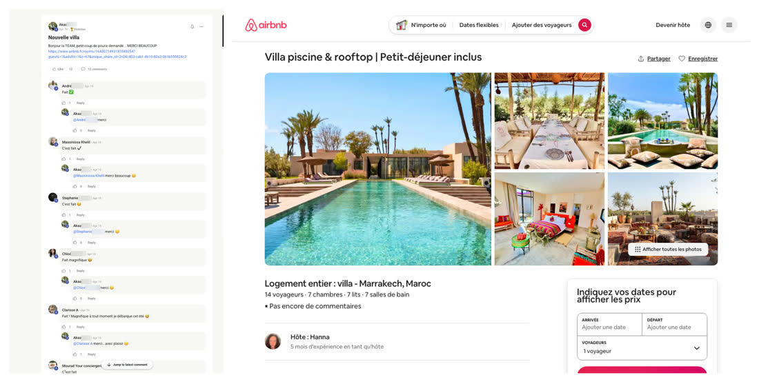 Message d'Akaa dans la communauté du réseau, à côté de l'annonce Airbnb d'une villa de 7 chambres avec piscine à Marrakech, petit-déjeuner inclus