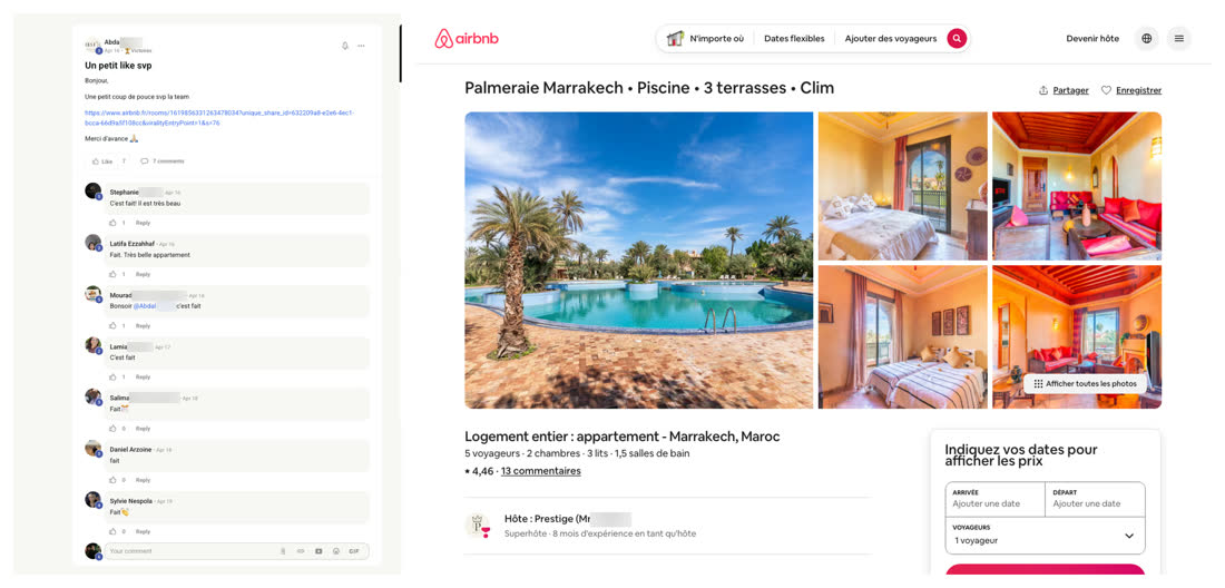 Abdal, membre du réseau, annonce à la communauté la mise en ligne d'un appartement qu'il gère à Marrakech